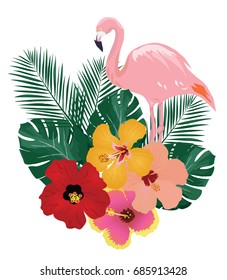 vector illustration of flamingo and tropical flowers background.