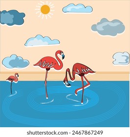 Vector illustration of flamingos with background. Holidays travel destination.