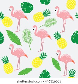 vector illustration of flamingos with pineapples, palm tree leaves
