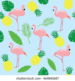 vector illustration of flamingos seamless background with pineapples and palm tree branches