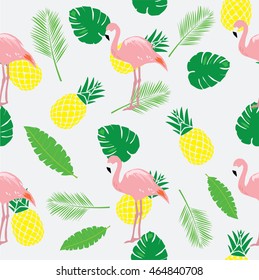 vector illustration of flamingos seamless background with pineapples and palm tree branches