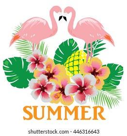 vector illustration of flamingos summer background with flowers