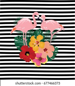 vector illustration of flamingos and tropical flowers on striped background.