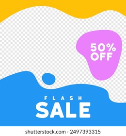 Vector illustration of a flash sale banner with a modern design and transparent background. abstract shapes in blue, yellow, and pink with the text '50 Off' and 'Flash Sale'