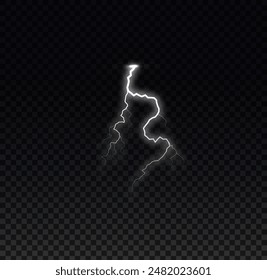 Vector illustration of a flash of a white thunderstorm. A demonstration of the power of nature and the release of electrical energy on a black background.