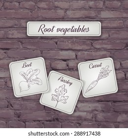 vector illustration of flashcard with root vegetables: beet, carrot and parsley on a brick backdrop