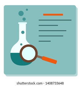 Vector illustration with flask with bubbles, magnifier. Print with symbol scientific research. Education. Science day. Chemistry, biology, medicine. Design for websites, print, presentation.