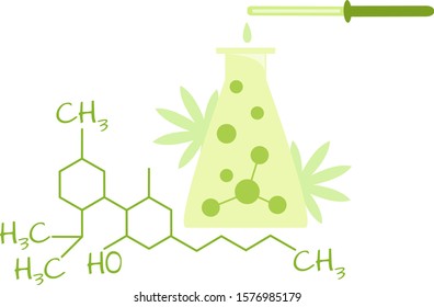 Vector illustration of flask with canabidiol oil and chemical formula