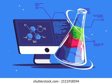 ilustración vectorial de un matraz con sustancias químicas con un monobloqueo informático en la fórmula química de la pantalla con parámetros de sustancia
