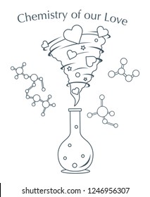 Vector illustration with flask, hearts tornado. Love emotions. Inscription chemistry of our love. Love message. Happy Valentine's Day. Romantic background.