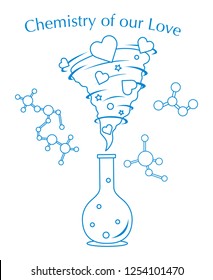 Vector illustration with flask, hearts tornado. Love emotions. Inscription chemistry of our love. Love message. Happy Valentine's Day. Romantic background.