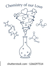 Vector illustration with flask, hearts tornado. Love emotions. Inscription chemistry of our love. Love message. Happy Valentine's Day. Romantic background.