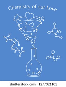 Vector illustration with flask, hearts tornado. Love emotions. Inscription chemistry of our love. Love message. Happy Valentine's Day. Romantic background.
