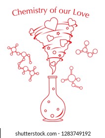 Vector illustration with flask, hearts tornado. Love emotions. Inscription chemistry of our love. Love message. Happy Valentine's Day. Romantic background.