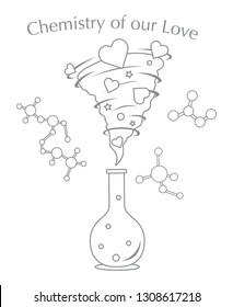 Vector illustration with flask, hearts tornado. Love emotions. Inscription chemistry of our love. Love message. Happy Valentine's Day. Romantic background.