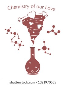 Vector illustration with flask, hearts tornado. Love emotions. Inscription chemistry of our love. Love message. Happy Valentine's Day. Romantic background.