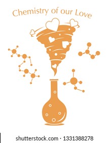 Vector illustration with flask, hearts tornado. Love emotions. Inscription chemistry of our love. Love message. Happy Valentine's Day. Romantic background.