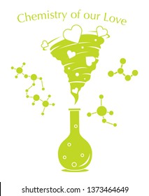 Vector illustration with flask, hearts tornado. Love emotions. Inscription chemistry of our love. Love message. Happy Valentine's Day. Romantic background.