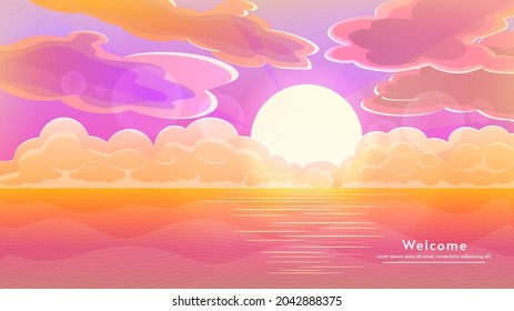 Vector illustration, flat 2d cartoon style. Sunset or sunrise in ocean, nature landscape background.  Evening or morning view. Pink clouds flying in sky to shining sun above sea of water surface.