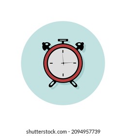 vector illustration of flat alarm clock, red clock. Clock icon, timer. Alarm logo in blue circle. time concept. Minimalistic hour