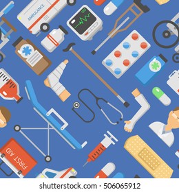 Vector illustration of flat ambulance seamless pattern icons