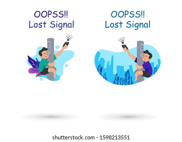 Vector Illustration Flat Angry Man Holding Her Phone With Climbing Pole. Lost Signal,No Connection,no Internet, Search Wireless Network Signal On Mobile Phone Concept.background, Landing Page.