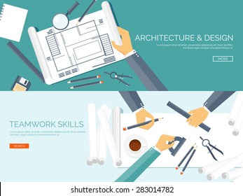 Vector illustration. Flat architectural project. Teamwork. Building and planning. Construction. Pencil, hand. Architecture and design. 