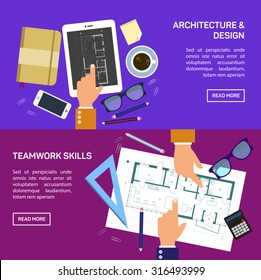 Vector Illustration. Flat Architectural Project. Teamwork. Building And Planning. Construction. Pencil, Hand. Architecture And Design.