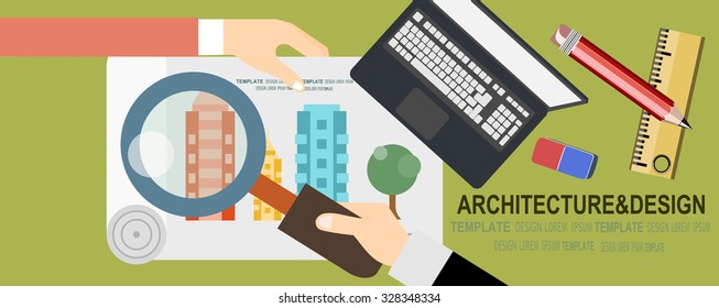 Vector illustration. Flat architectural project. Teamwork. Building and planning. Construction. Pencil, hand. Architecture and design.