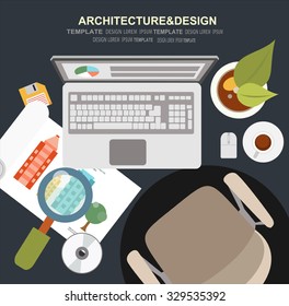 Vector illustration. Flat architectural project. Teamwork. Building and planning. Construction. Pencil, hand. Architecture and design.