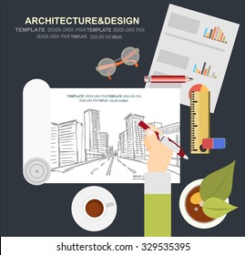 Vector illustration. Flat architectural project. Teamwork. Building and planning. Construction. Pencil, hand. Architecture and design.