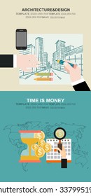 Vector illustration. Flat architectural project. Teamwork. Building and planning. Construction. Pencil, hand. Architecture and design.Money making. Bank deposit. Financials.