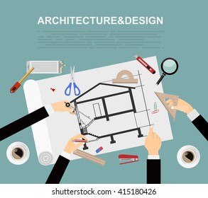 Vector illustration. Flat architectural project. Teamwork. Building and planning. Construction. Pencil, hand. Architecture and design.