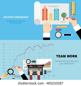 Vector illustration. Flat architectural project.Architecture and design. Business analysis and planning, consulting,career, team work. Concepts web banner and printed materials.