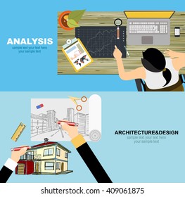 Vector illustration. Flat architectural project.Architecture and design. Business analysis and planning, consulting,career, team work. Concepts web banner and printed materials.