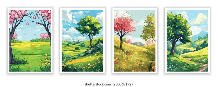 Vector illustration. Flat autumn landscape with falling leaves, golden forests, and clear skies. Design elements for posters, book covers, brochures, and flyers.