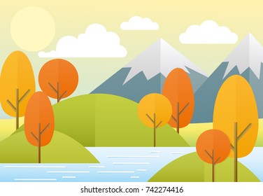 Vector illustration flat autumn nature landscape. Colorful nature, mountains, lake, sun, trees, clouds. Autumn view in trendy flat cartoon style.