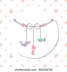 Vector illustration of flat baby rattle with flowers background. 