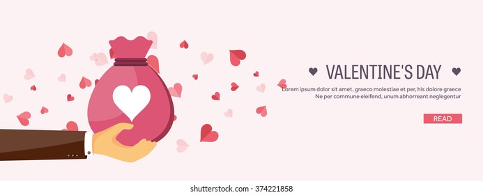 Vector illustration. Flat background with bag. Love, hearts. Valentines day. Be my valentine. 14 february.  Message.
