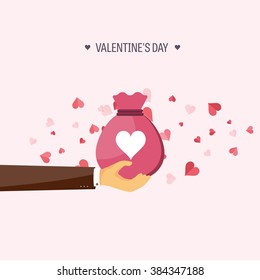 Vector illustration. Flat background with bag. Love, hearts. Valentines day. Be my valentine. 14 february.  Message.