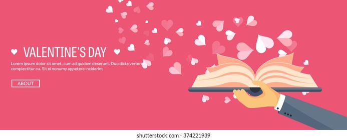 Vector Illustration. Flat Background With Book. Love, Hearts. Valentines Day. Be My Valentine. 14 February. 