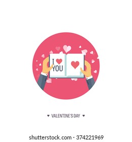 Vector illustration. Flat background with book. Love, hearts. Valentines day. Be my valentine. 14 february. 