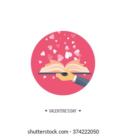 Vector Illustration. Flat Background With Book. Love, Hearts. Valentines Day. Be My Valentine. 14 February. 