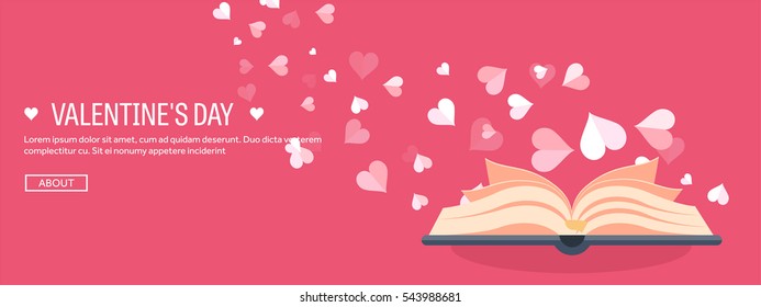 Vector Illustration. Flat Background With Book. Love, Hearts. Valentines Day. Be My Valentine. 14 February.