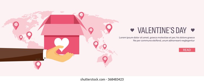 Vector illustration. Flat background with box and hand. Love, hearts. Valentines day. Be my valentine. 14 february.  Message.
