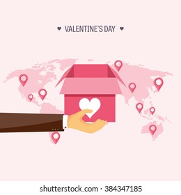 Vector illustration. Flat background with box and hand. Love, hearts. Valentines day. Be my valentine. 14 february.  Message.