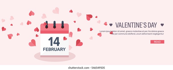 Vector Illustration. Flat Background With Calendar. Love, Hearts. Valentines Day. Be My Valentine. 14 February.