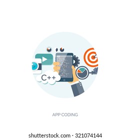 Vector illustration. Flat background. Coding and programming. SEO. Search engine optimization. App development and creation. Software and program code. Web design.