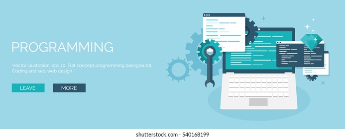 Vector illustration. Flat background. Coding, programming. SEO. Search engine optimization. App development, creation. Software, program code. Web design.