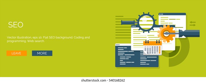 Vector illustration. Flat background. Coding, programming. SEO. Search engine optimization. App development, creation. Software, program code. Web design.